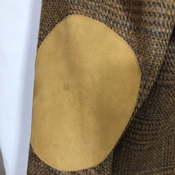 Tweed Plaid Blazer Brown and Blue 46 Two-Button Wool Academia Elbow Patches - Picture 5 of 14